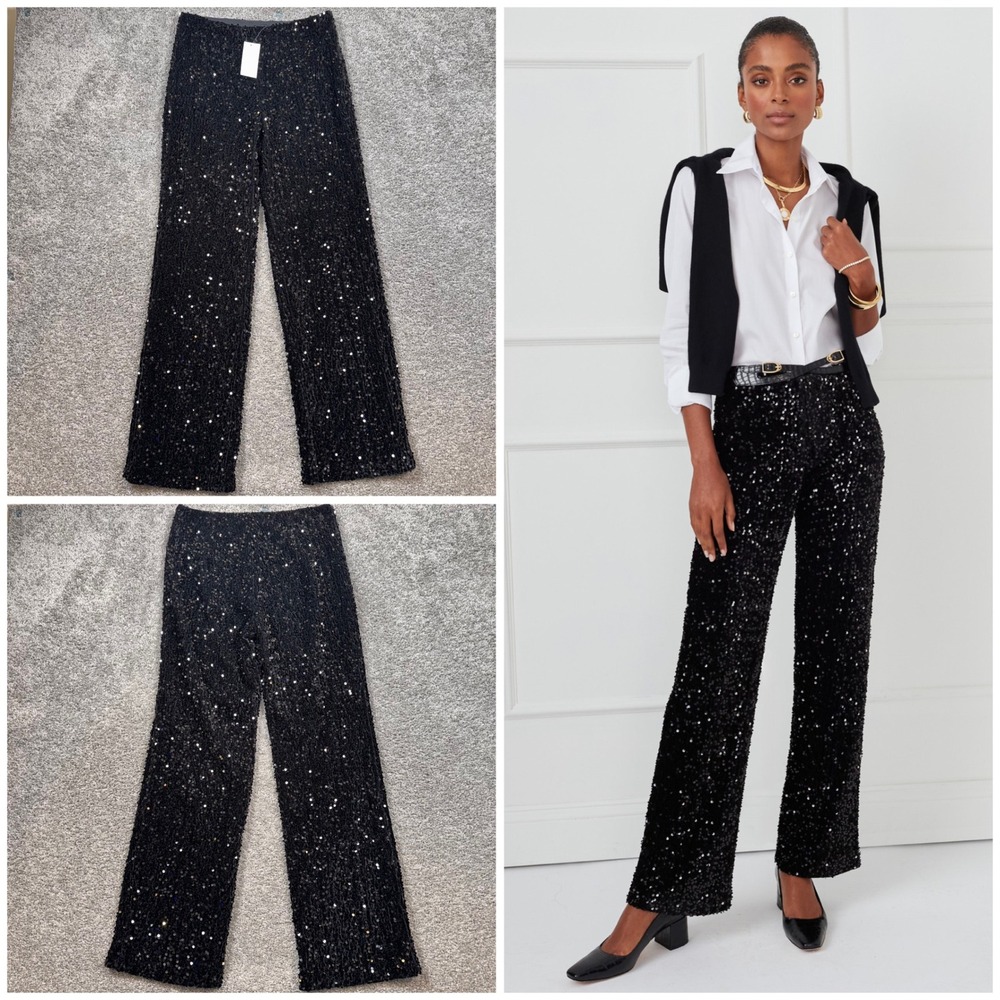 J. McLaughlin Carter Sequin Pants Womens Wide Leg Black Shimmering Size 4 NEW
